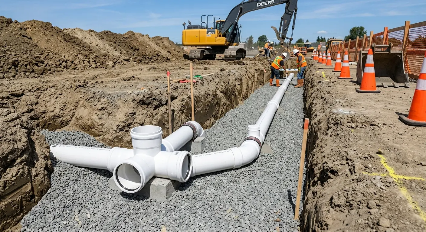New PVC sewer pipe installation in open trench for Commercial Drain Cleaning in Picture Rocks